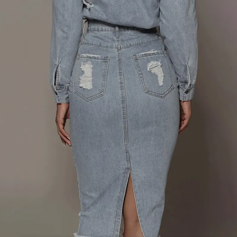 Torn to Perfection Distressed Denim Midi Skirt