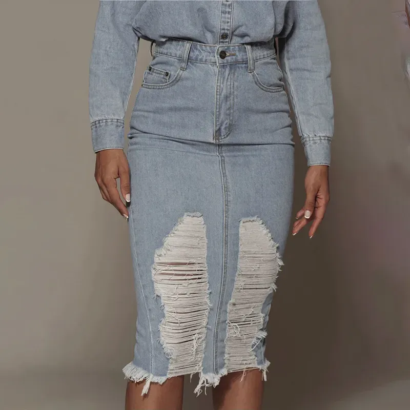 Torn to Perfection Distressed Denim Midi Skirt