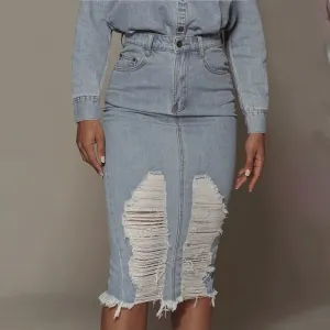 Torn to Perfection Distressed Denim Midi Skirt