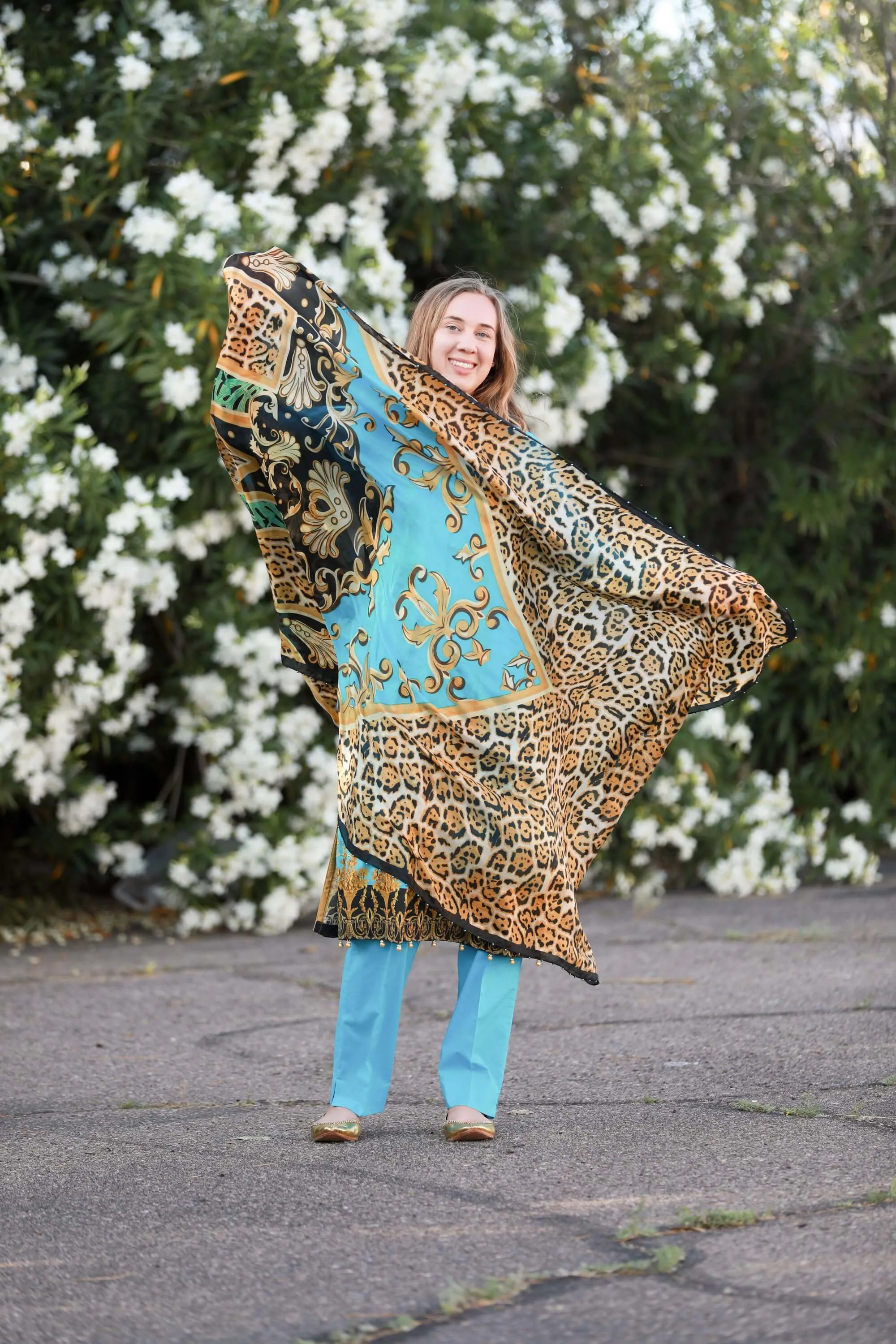 Turquoise Salwar Kameez With Print Design