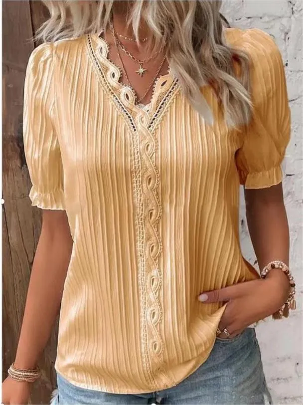 V Neck Plain Lace Elegant Shirt