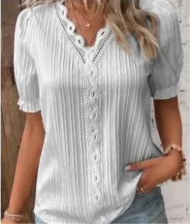 V Neck Plain Lace Elegant Shirt