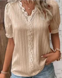 V Neck Plain Lace Elegant Shirt