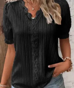 V Neck Plain Lace Elegant Shirt