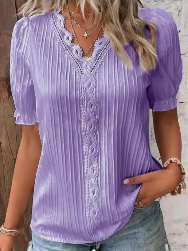 V Neck Plain Lace Elegant Shirt