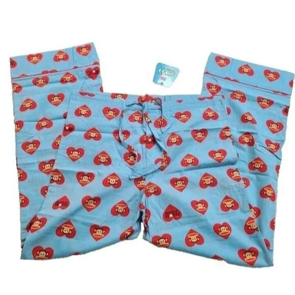 Vintage Paul Frank Julius Pajama Pants, Hearts, Blue &amp; Red, Large