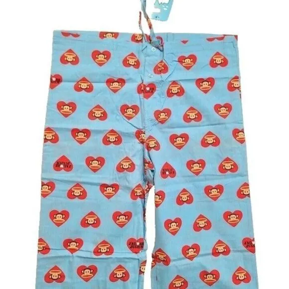 Vintage Paul Frank Julius Pajama Pants, Hearts, Blue &amp; Red, Large
