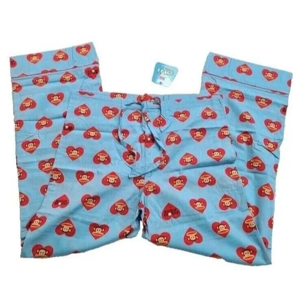 Vintage Paul Frank Julius Pajama Pants, Hearts, Blue &amp; Red, XS