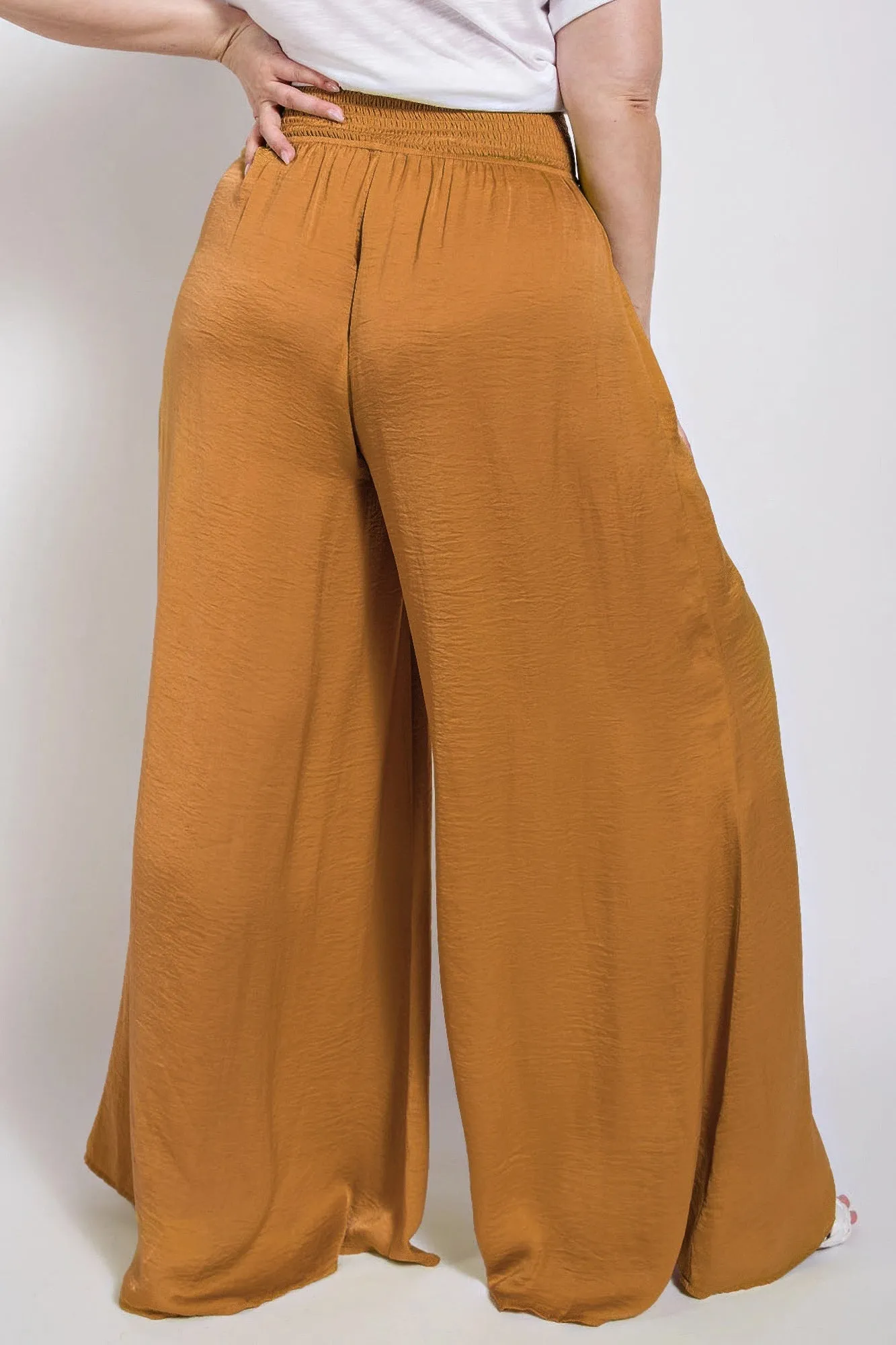 Washed Satin Wide Pants With Waist Smocked