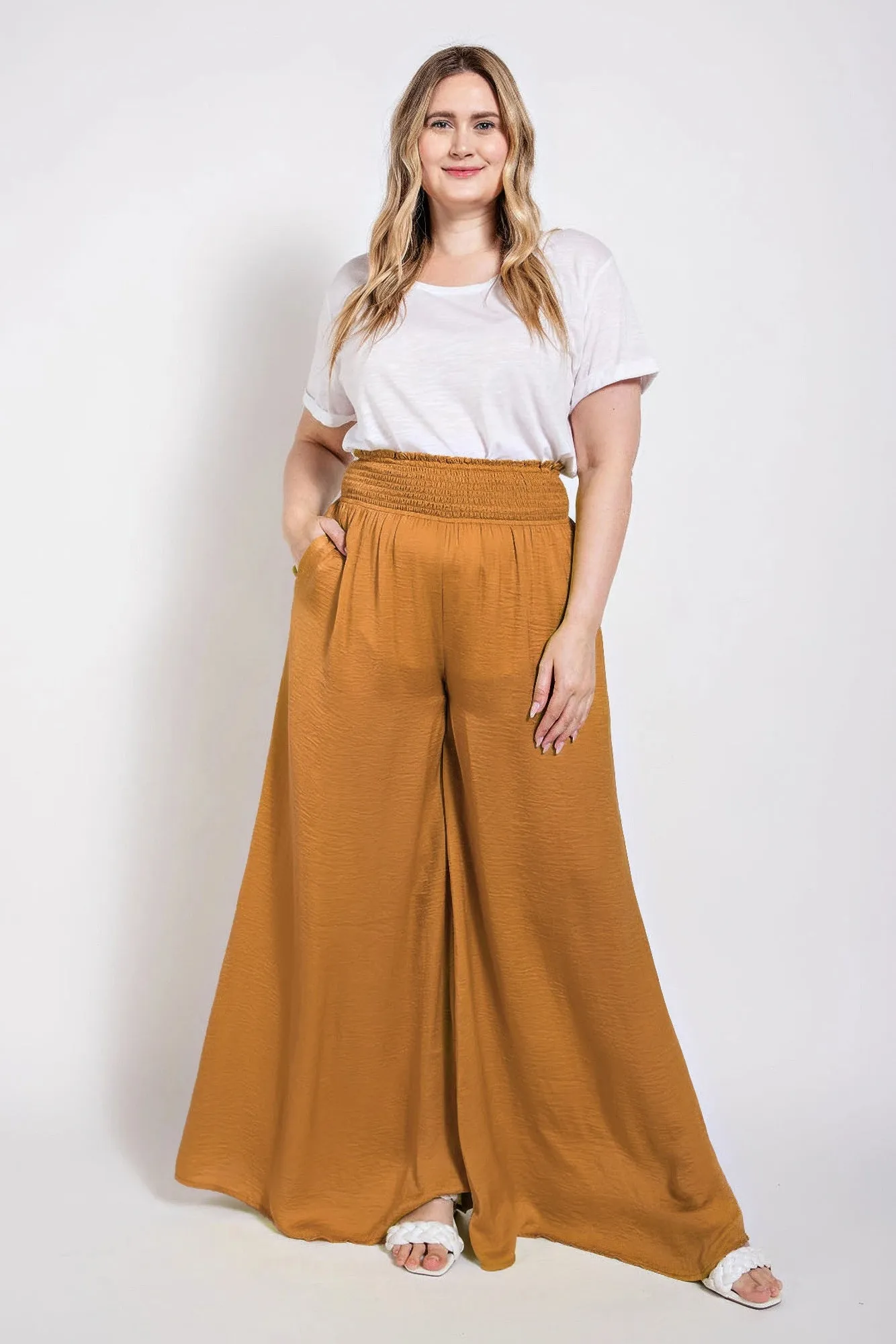 Washed Satin Wide Pants With Waist Smocked