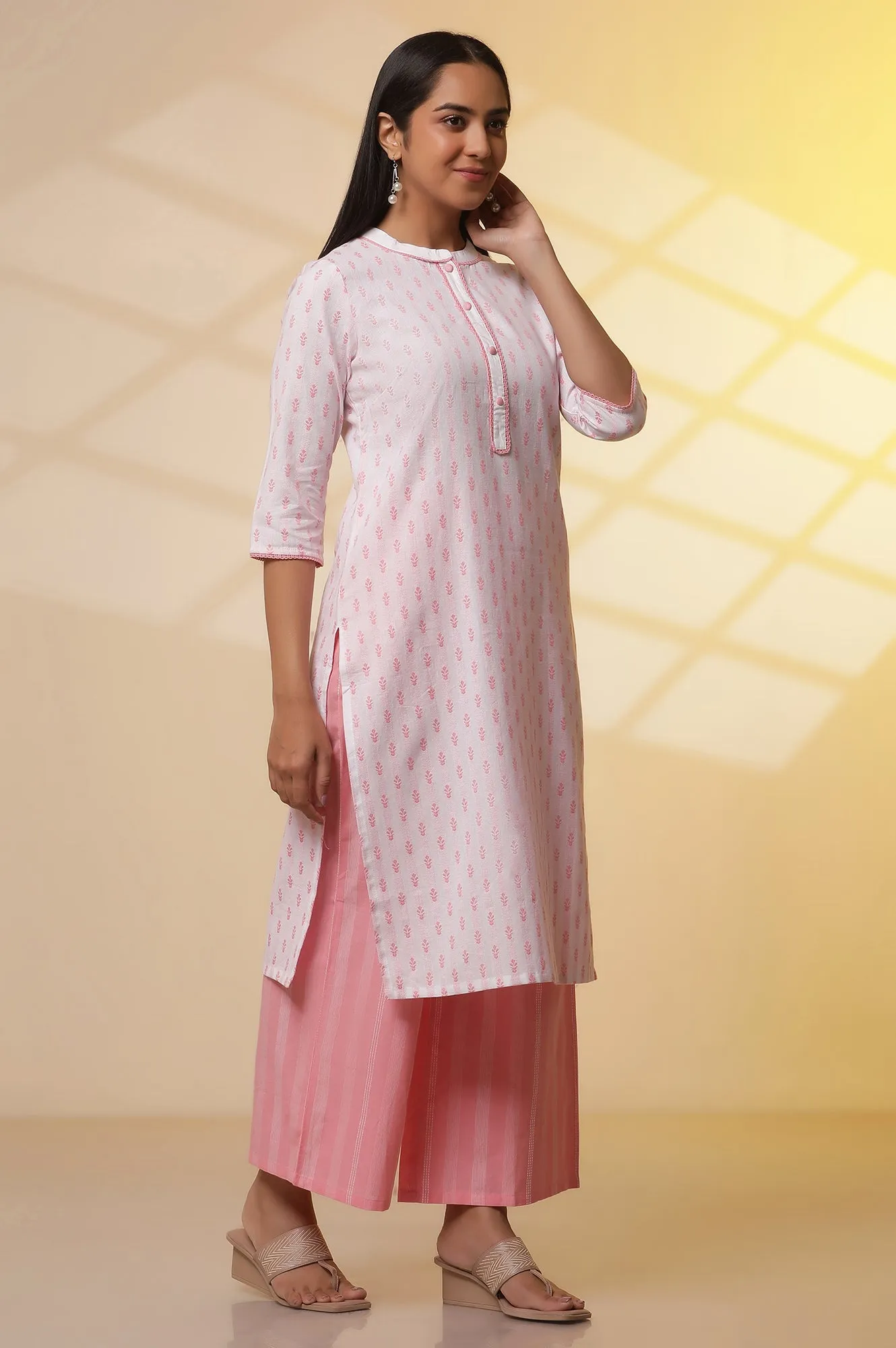 White and Pink Printed Cotton Kurta, Palazzos and Dupatta Set