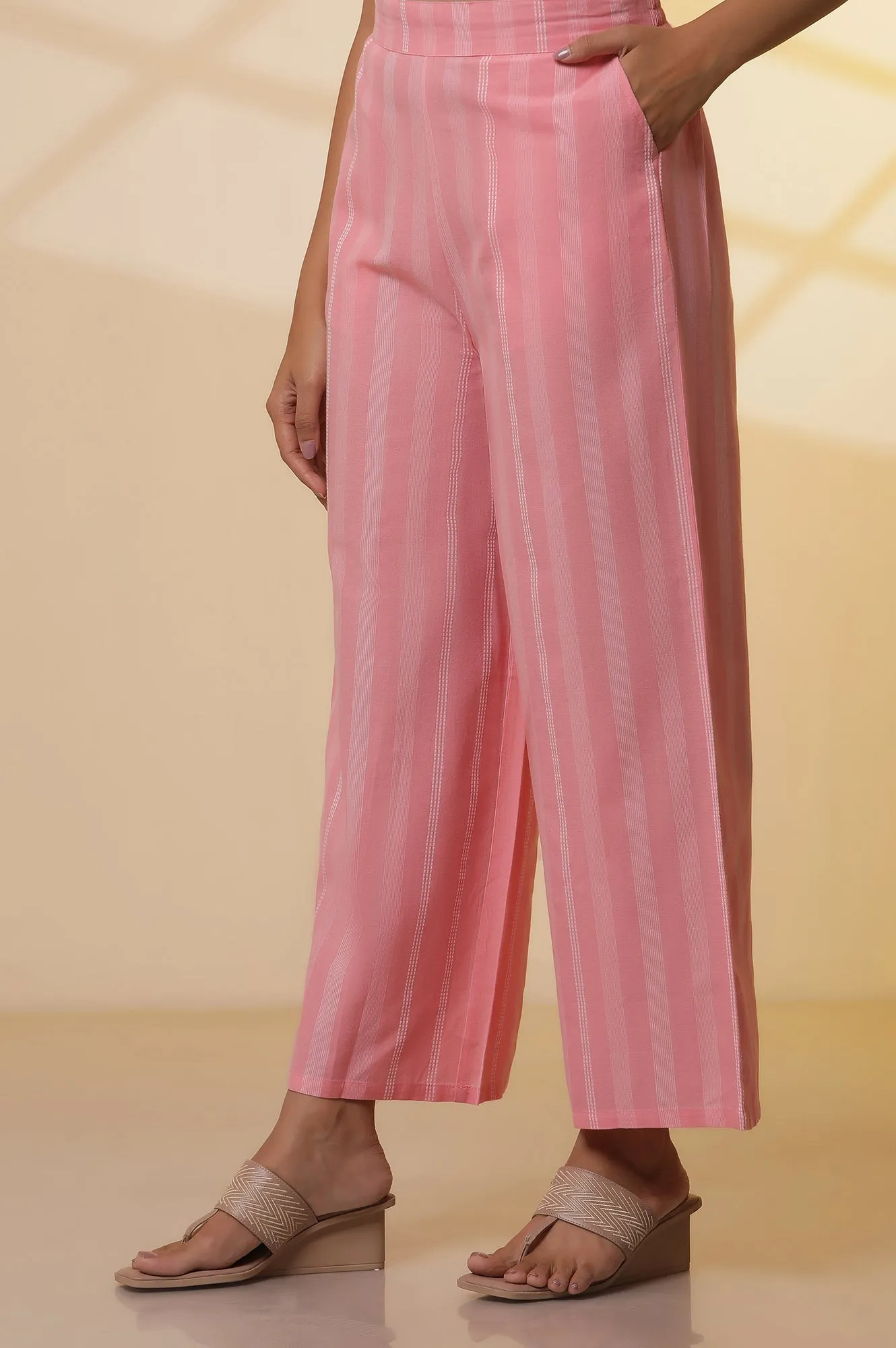 White and Pink Printed Cotton Kurta, Palazzos and Dupatta Set