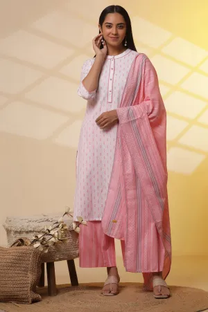 White and Pink Printed Cotton Kurta, Palazzos and Dupatta Set