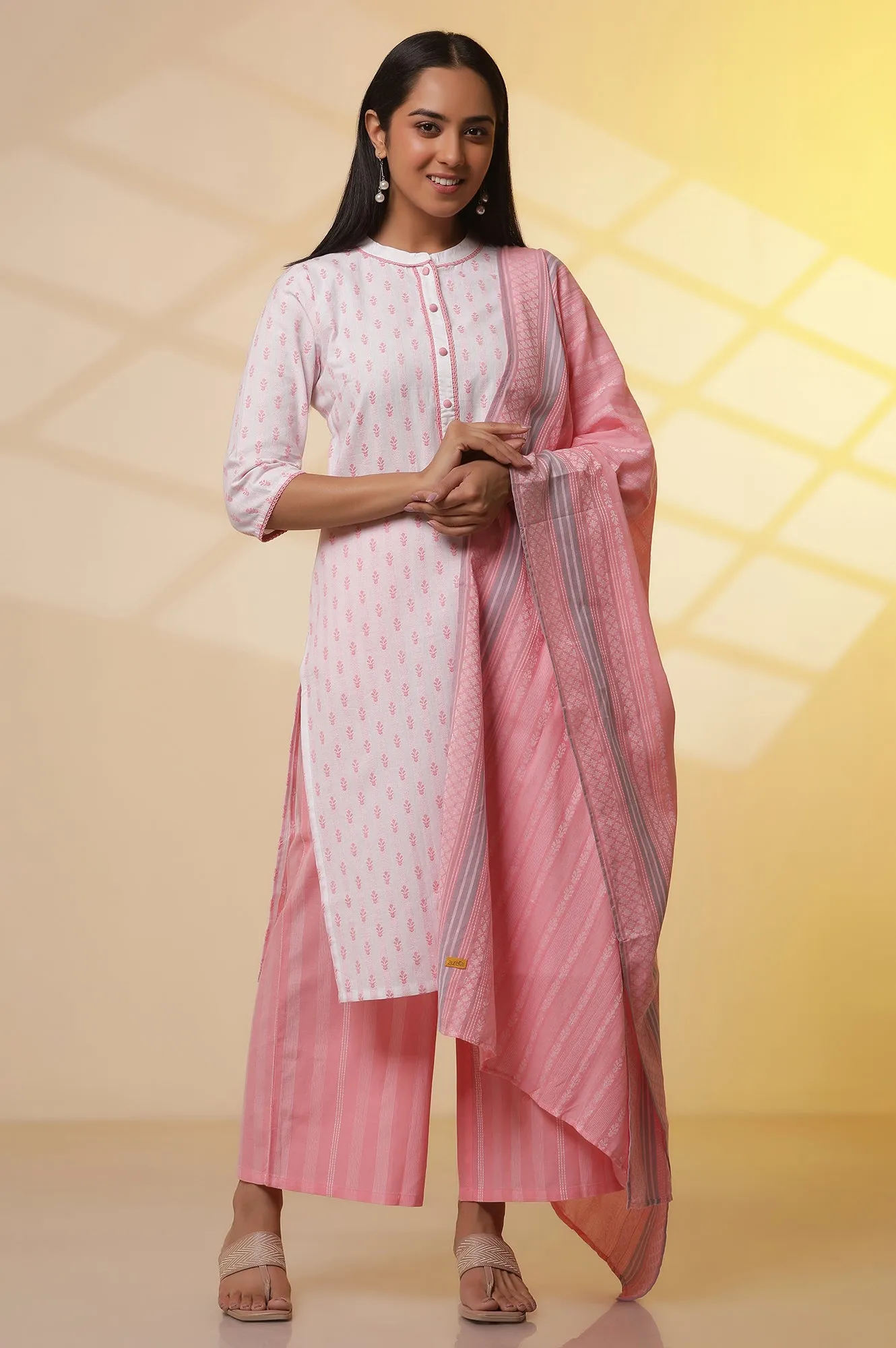 White and Pink Printed Cotton Kurta, Palazzos and Dupatta Set