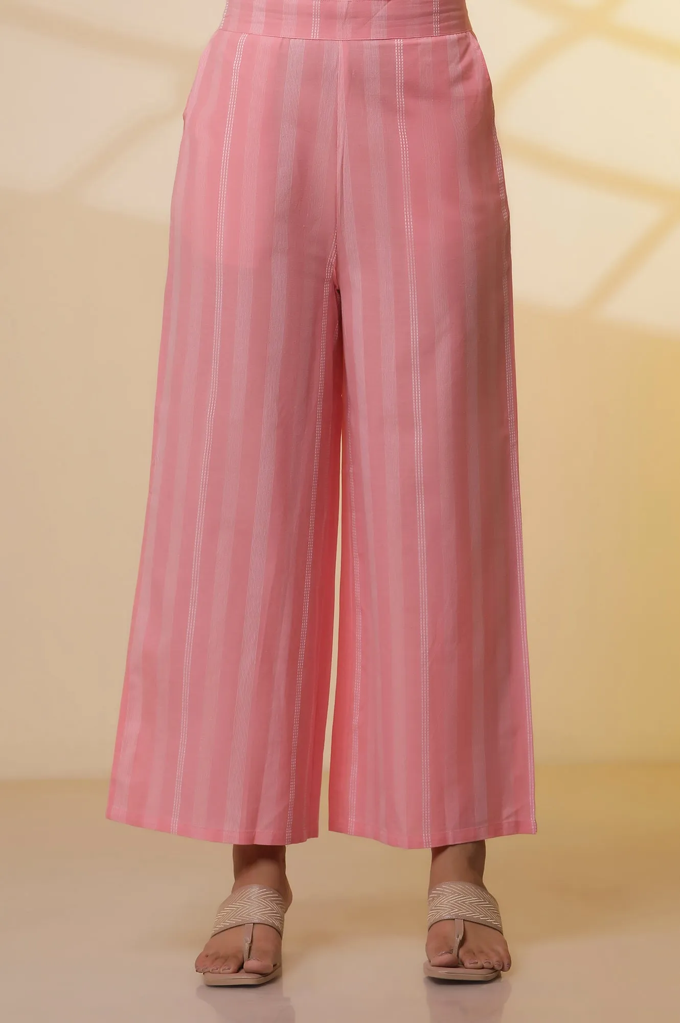 White and Pink Printed Cotton Kurta, Palazzos and Dupatta Set