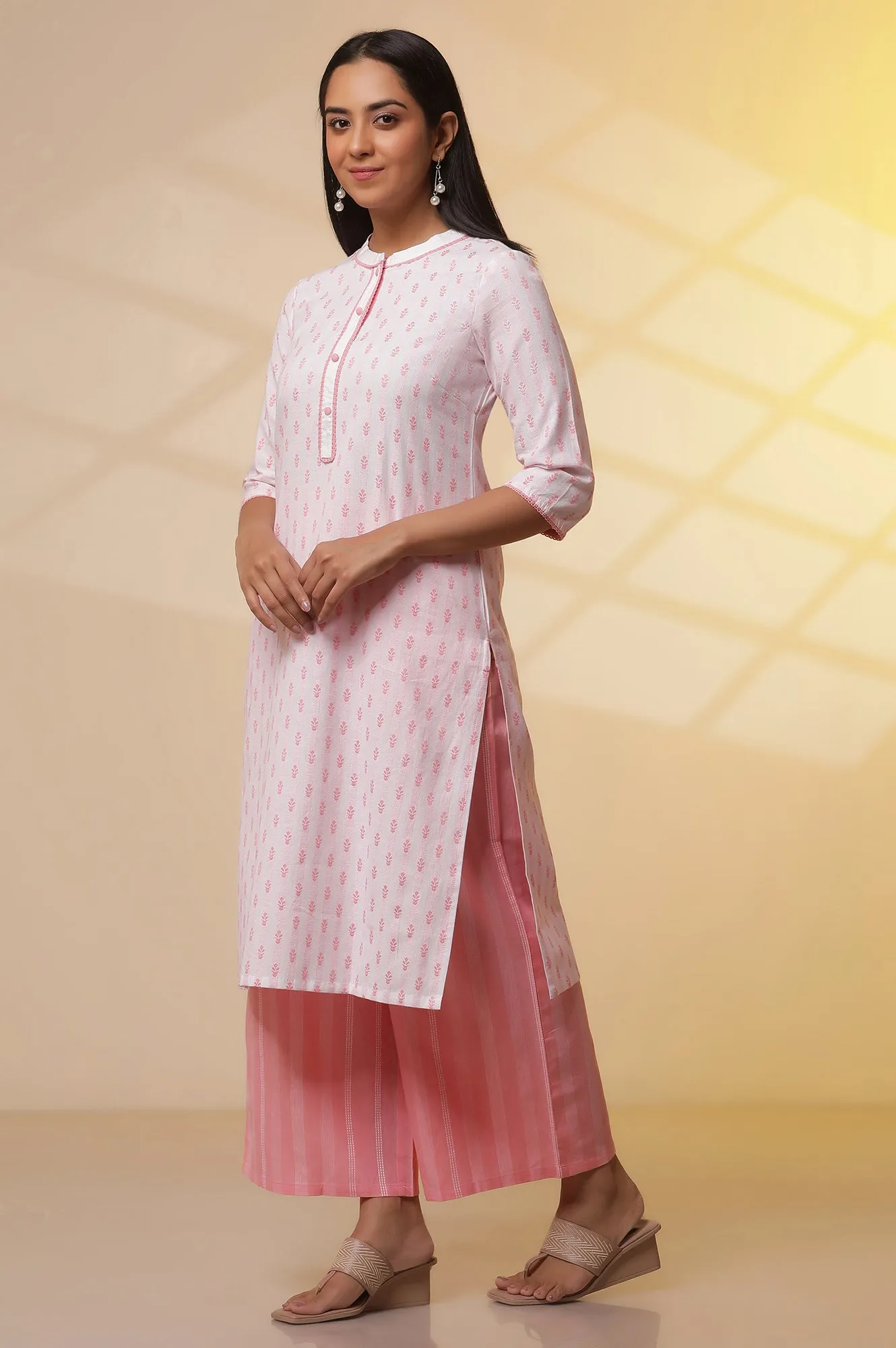 White and Pink Printed Cotton Kurta, Palazzos and Dupatta Set