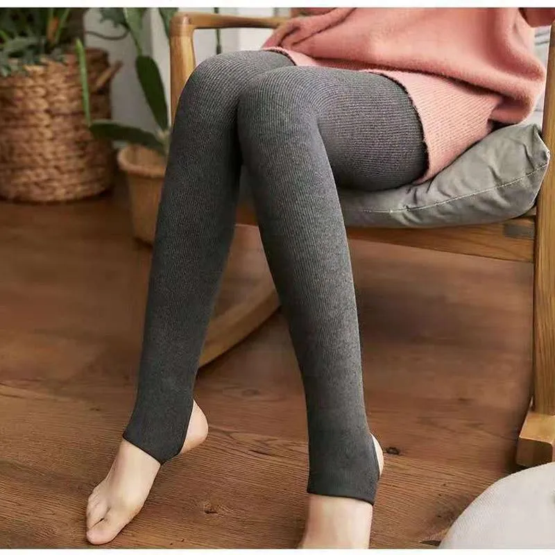 Winter Cotton Plus Velvet Thick Thermal Storage Leggings Outer Wear Thin One-piece Pants Large-size High-waist Cotton Vertical Striped Thermal Pants