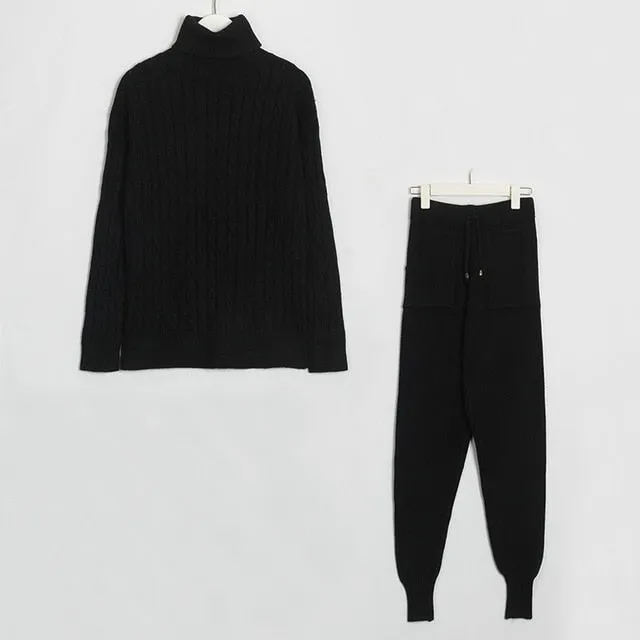 Wixra Knitted Women Sweater Sets Turtleneck Long Sleeve Sweaters Tops Pockets Long Pants Solid 2 Pieces Suits Winter Costume