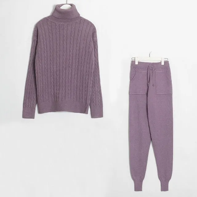 Wixra Knitted Women Sweater Sets Turtleneck Long Sleeve Sweaters Tops Pockets Long Pants Solid 2 Pieces Suits Winter Costume