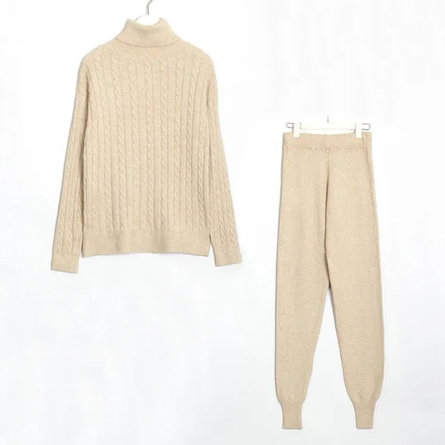 Wixra Knitted Women Sweater Sets Turtleneck Long Sleeve Sweaters Tops Pockets Long Pants Solid 2 Pieces Suits Winter Costume