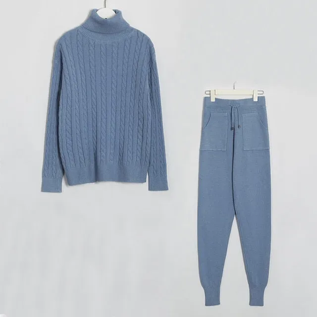 Wixra Knitted Women Sweater Sets Turtleneck Long Sleeve Sweaters Tops Pockets Long Pants Solid 2 Pieces Suits Winter Costume