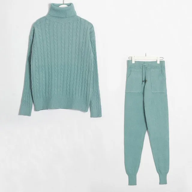 Wixra Knitted Women Sweater Sets Turtleneck Long Sleeve Sweaters Tops Pockets Long Pants Solid 2 Pieces Suits Winter Costume