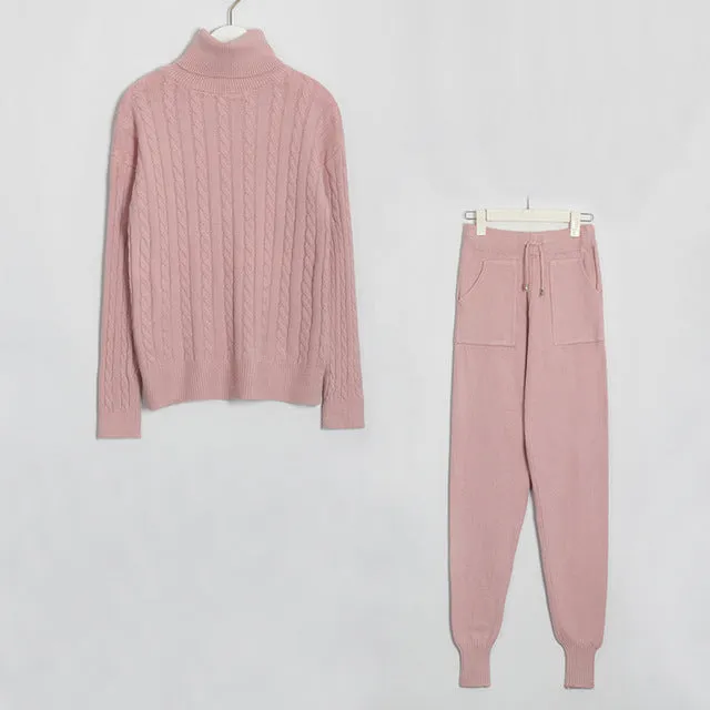 Wixra Knitted Women Sweater Sets Turtleneck Long Sleeve Sweaters Tops Pockets Long Pants Solid 2 Pieces Suits Winter Costume
