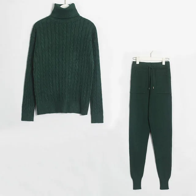 Wixra Knitted Women Sweater Sets Turtleneck Long Sleeve Sweaters Tops Pockets Long Pants Solid 2 Pieces Suits Winter Costume