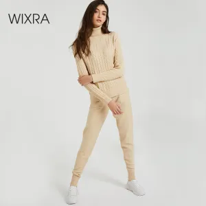 Wixra Knitted Women Sweater Sets Turtleneck Long Sleeve Sweaters Tops Pockets Long Pants Solid 2 Pieces Suits Winter Costume
