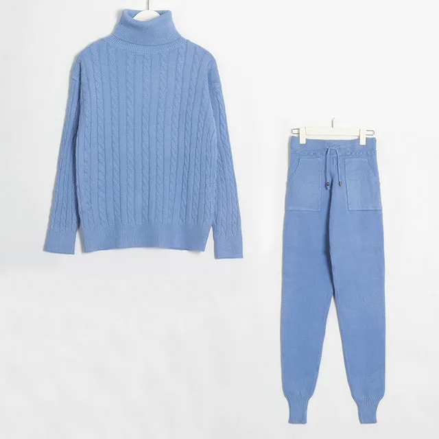 Wixra Knitted Women Sweater Sets Turtleneck Long Sleeve Sweaters Tops Pockets Long Pants Solid 2 Pieces Suits Winter Costume