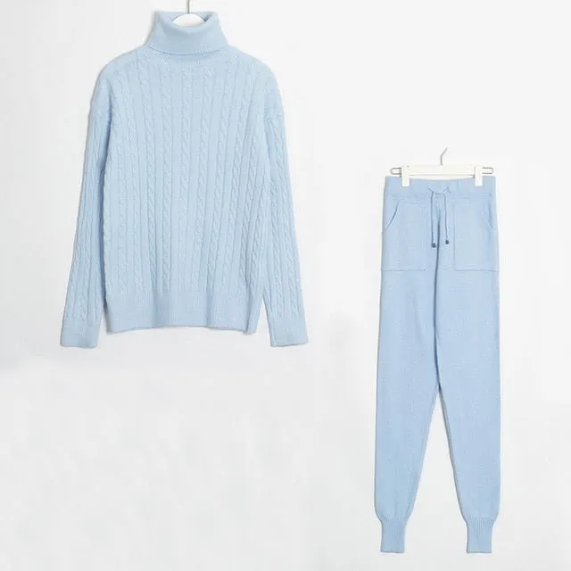 Wixra Knitted Women Sweater Sets Turtleneck Long Sleeve Sweaters Tops Pockets Long Pants Solid 2 Pieces Suits Winter Costume