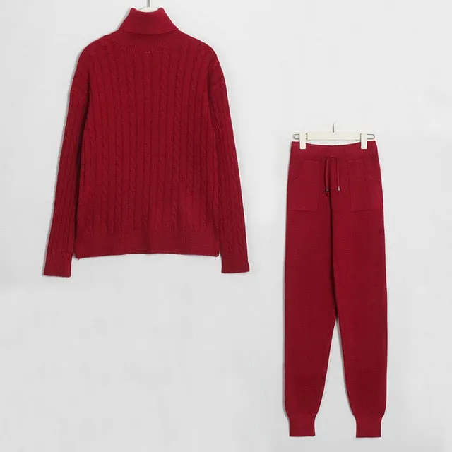 Wixra Knitted Women Sweater Sets Turtleneck Long Sleeve Sweaters Tops Pockets Long Pants Solid 2 Pieces Suits Winter Costume
