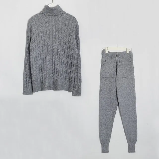 Wixra Knitted Women Sweater Sets Turtleneck Long Sleeve Sweaters Tops Pockets Long Pants Solid 2 Pieces Suits Winter Costume