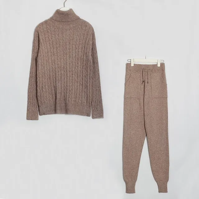 Wixra Knitted Women Sweater Sets Turtleneck Long Sleeve Sweaters Tops Pockets Long Pants Solid 2 Pieces Suits Winter Costume