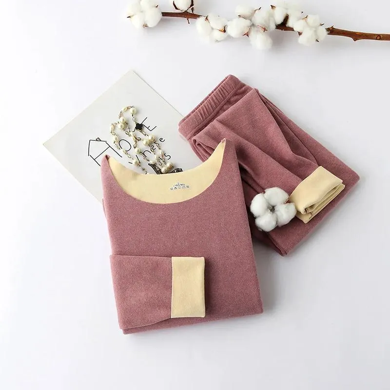 Women's Cationic Thermostatic Double-sided Pajamas Shirt Pants Long Sleeves Suit Seamless German Velvet Warm Pyjamas Set Slim Fit Round Neck Suits