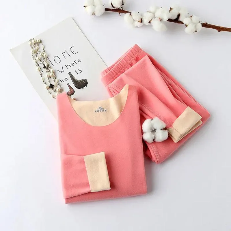 Women's Cationic Thermostatic Double-sided Pajamas Shirt Pants Long Sleeves Suit Seamless German Velvet Warm Pyjamas Set Slim Fit Round Neck Suits
