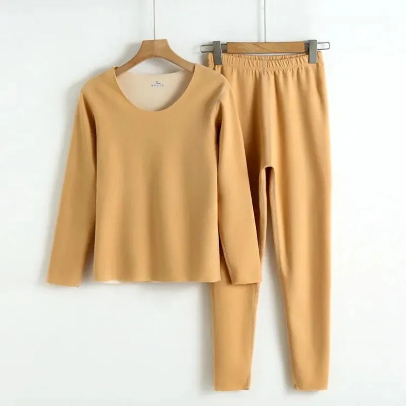 Women's Cationic Thermostatic Double-sided Pajamas Shirt Pants Long Sleeves Suit Seamless German Velvet Warm Pyjamas Set Slim Fit Round Neck Suits