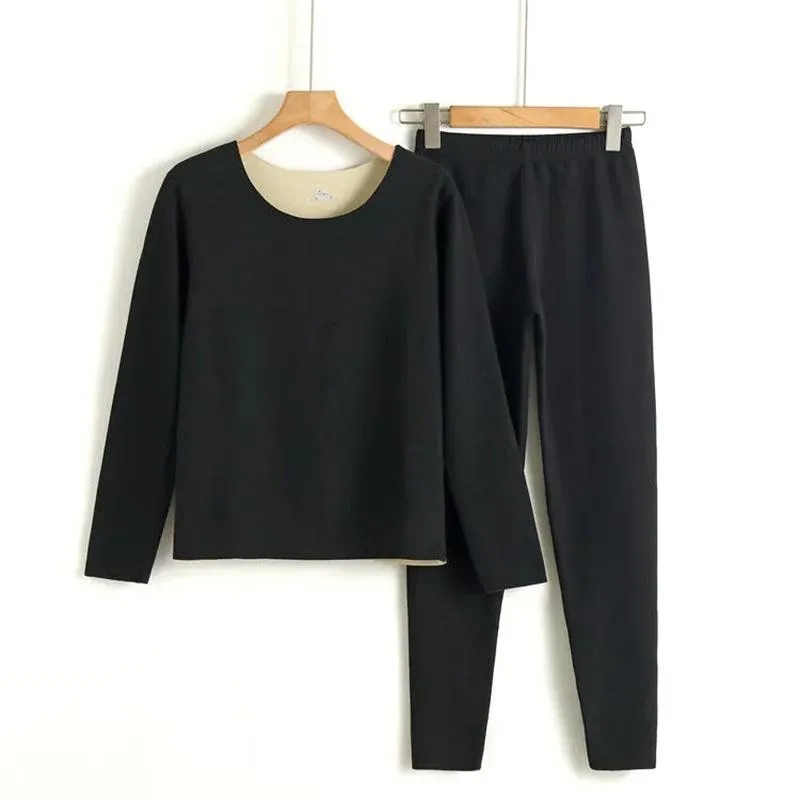 Women's Cationic Thermostatic Double-sided Pajamas Shirt Pants Long Sleeves Suit Seamless German Velvet Warm Pyjamas Set Slim Fit Round Neck Suits