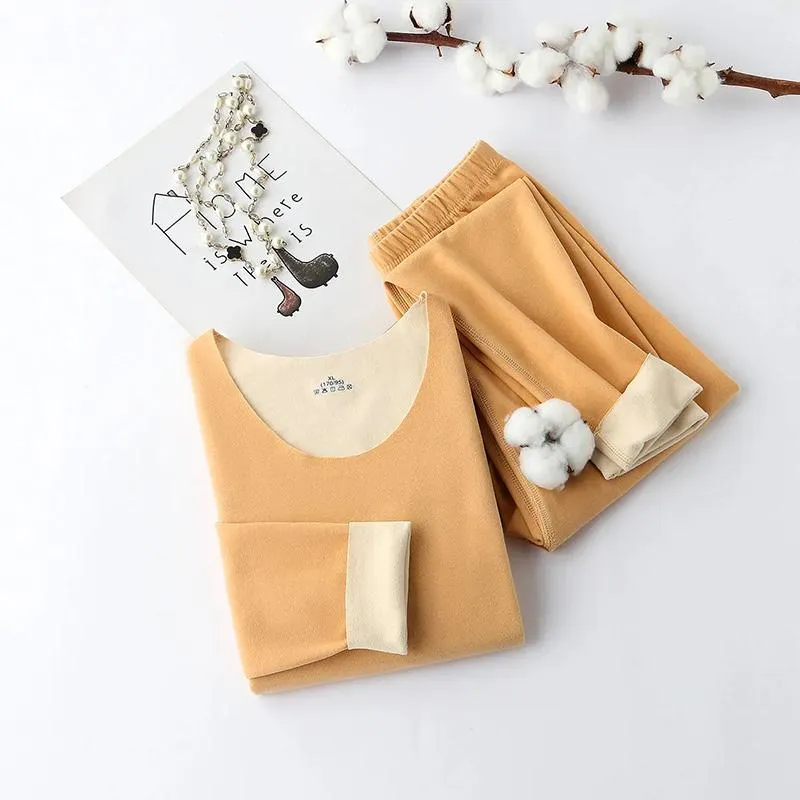 Women's Cationic Thermostatic Double-sided Pajamas Shirt Pants Long Sleeves Suit Seamless German Velvet Warm Pyjamas Set Slim Fit Round Neck Suits