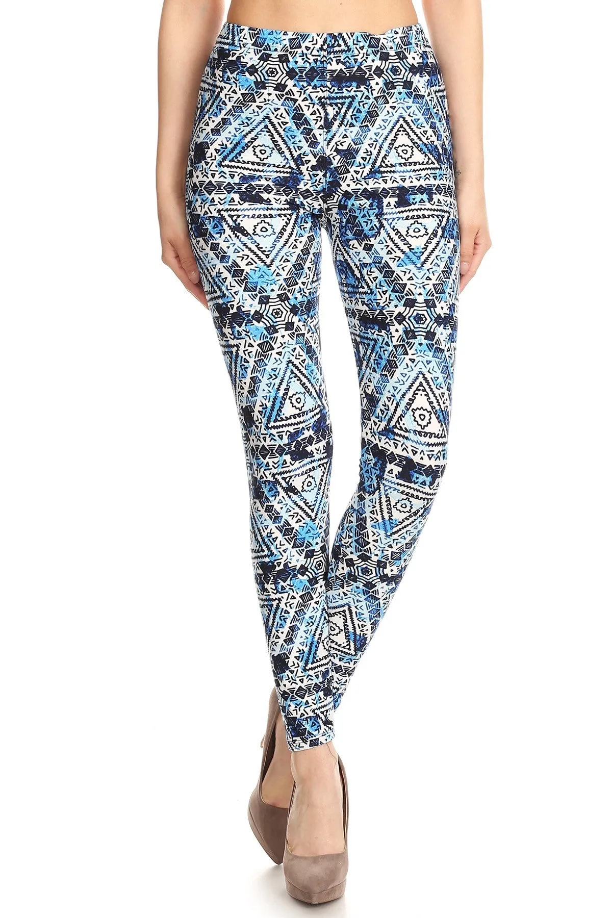 Women's Plus Blue Geo Tribal Indian Theme Printed Leggings