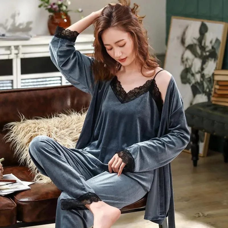 Women's Sexy Lace Sling Nightgown with Chest Pad Autumn Winter Gold Velvet Pajamas Three-piece Set Out Wear Homewear Female Night Robe Sleeping Suit