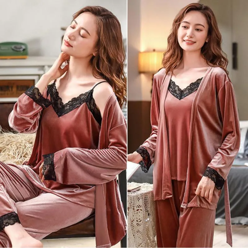 Women's Sexy Lace Sling Nightgown with Chest Pad Autumn Winter Gold Velvet Pajamas Three-piece Set Out Wear Homewear Female Night Robe Sleeping Suit