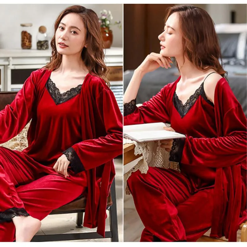 Women's Sexy Lace Sling Nightgown with Chest Pad Autumn Winter Gold Velvet Pajamas Three-piece Set Out Wear Homewear Female Night Robe Sleeping Suit