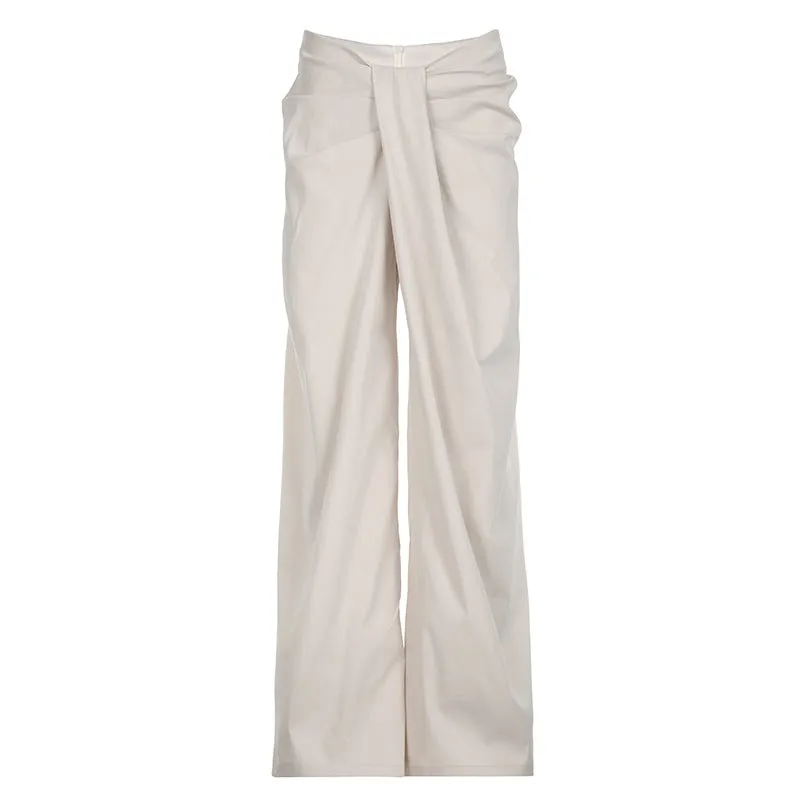 Women's Small-Group Street Fashion Solid Color Versatile Drapey Straight Tube Long Pants with Design Sense Twisted and Wrinkled Waistband C-241219-3