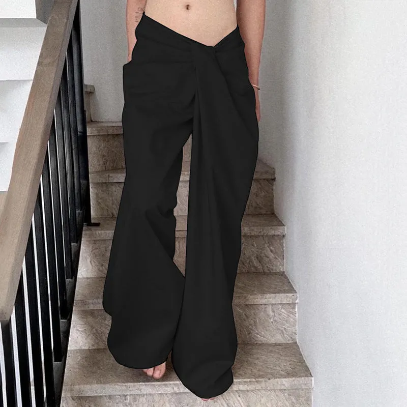 Women's Small-Group Street Fashion Solid Color Versatile Drapey Straight Tube Long Pants with Design Sense Twisted and Wrinkled Waistband C-241219-3