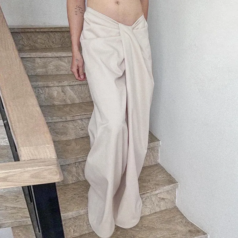 Women's Small-Group Street Fashion Solid Color Versatile Drapey Straight Tube Long Pants with Design Sense Twisted and Wrinkled Waistband C-241219-3