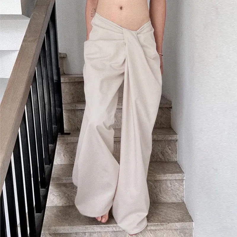 Women's Small-Group Street Fashion Solid Color Versatile Drapey Straight Tube Long Pants with Design Sense Twisted and Wrinkled Waistband C-241219-3