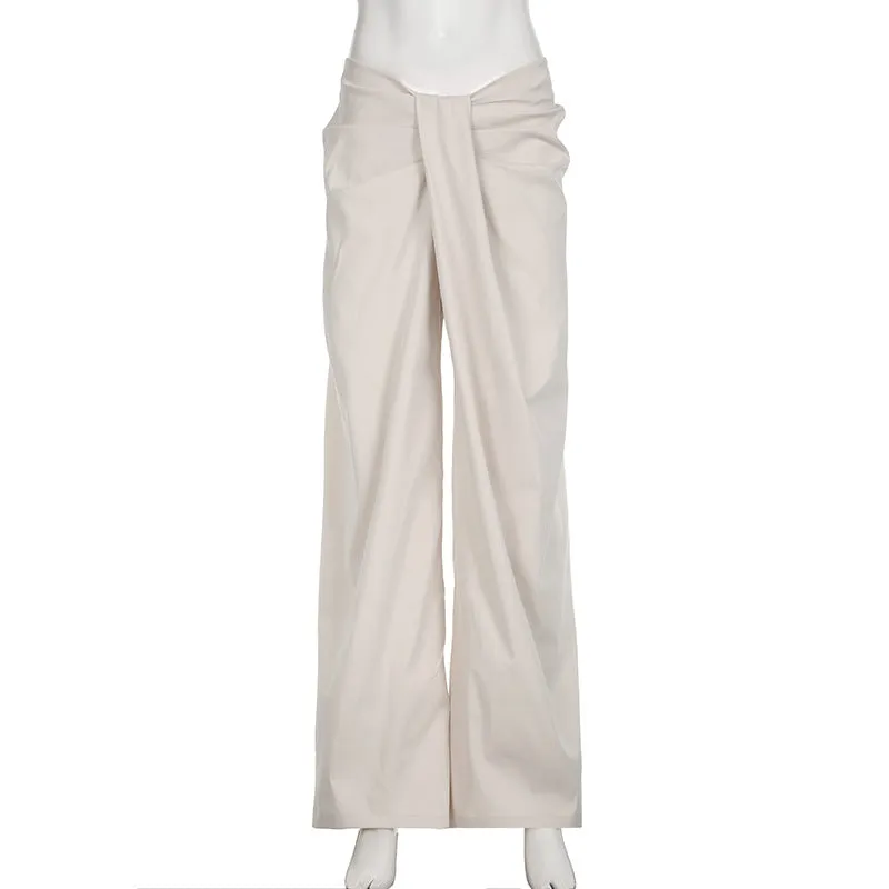 Women's Small-Group Street Fashion Solid Color Versatile Drapey Straight Tube Long Pants with Design Sense Twisted and Wrinkled Waistband C-241219-3