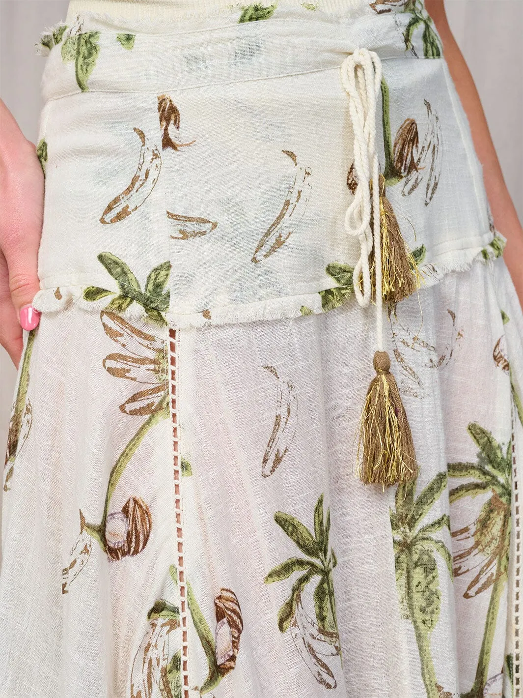 WOMEN'S SMOCK WAIST HIGH-LOW PRINT TASSEL MAXI SKIRT