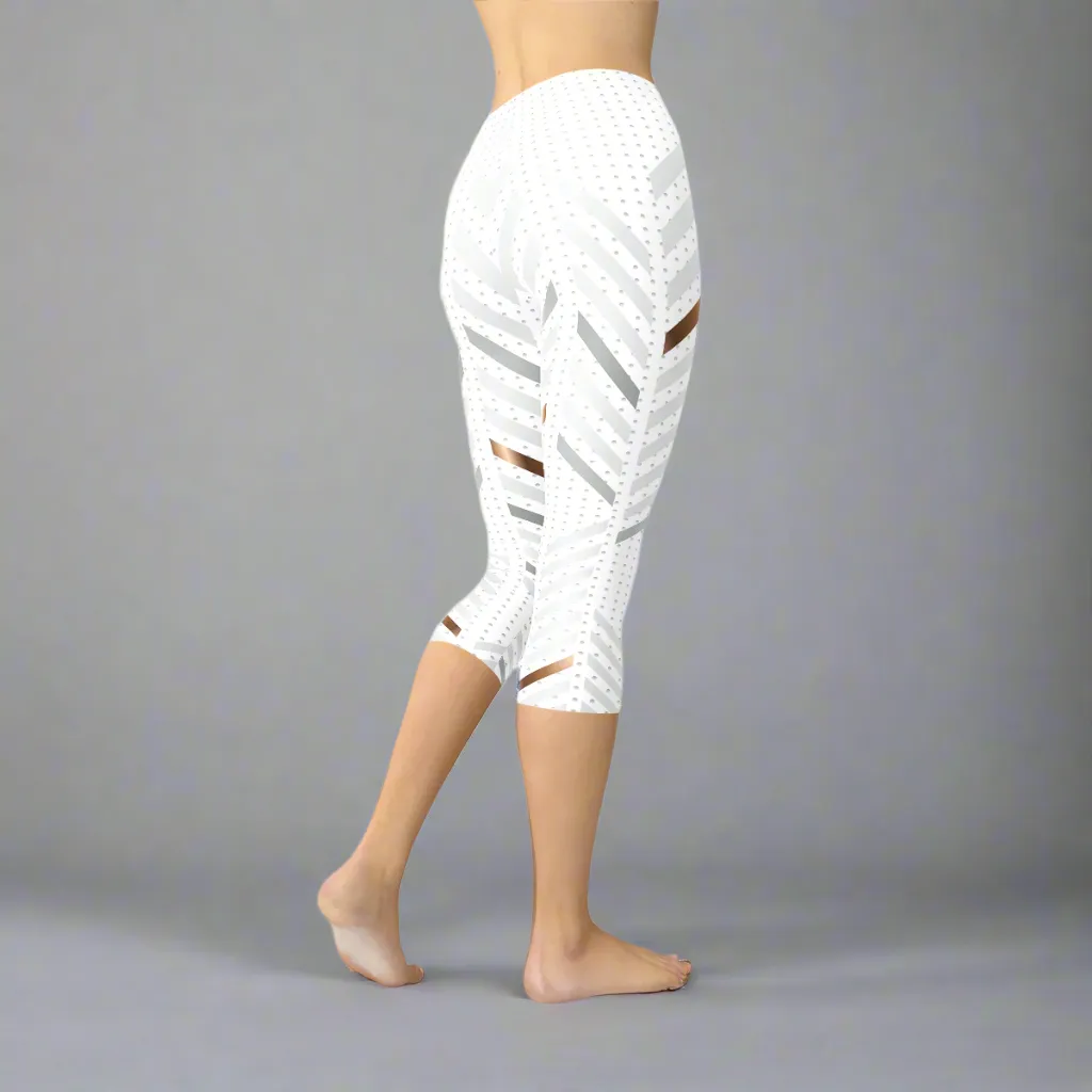 Womens White Stripes Capri Leggings